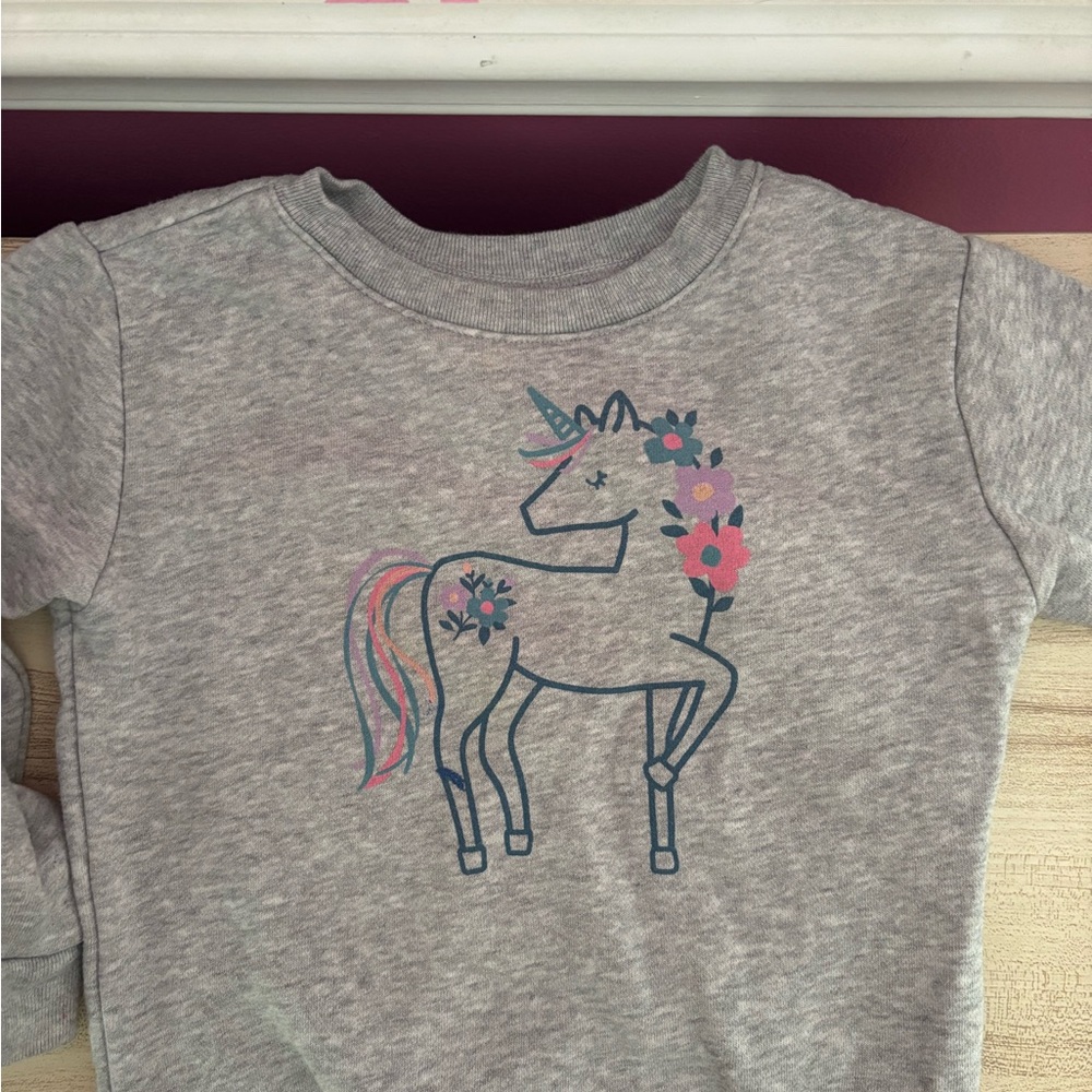 2 Girls' Gray Unicorn Graphic Long-Sleeve Top
